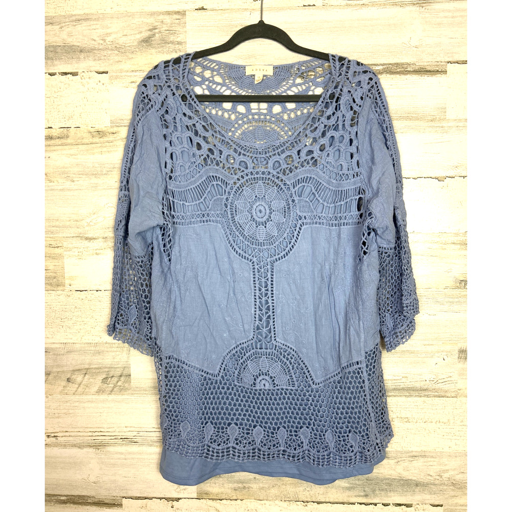 Adiva Womens Plus 1X Light Blue Boho Crochet Blouse Top NEW Lightweight